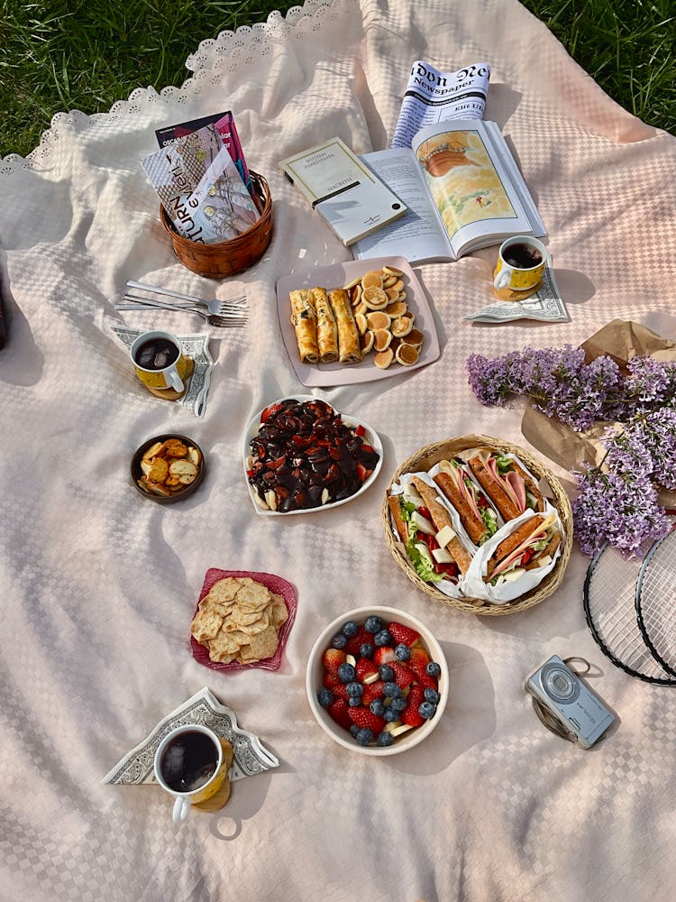 毯子上摆放的野餐食品