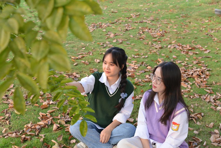 两个年轻女子坐在草地上，手里拿着落叶