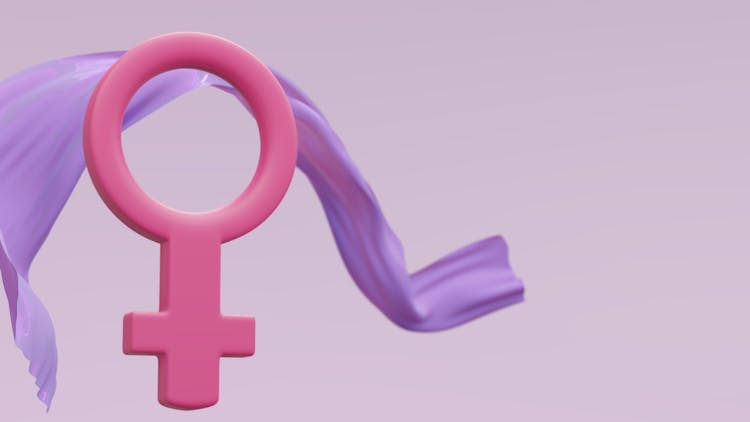 一个粉红色的女性标志，戴着紫色围巾